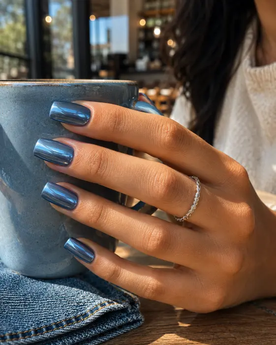 Denim Blue Chrome Nails
