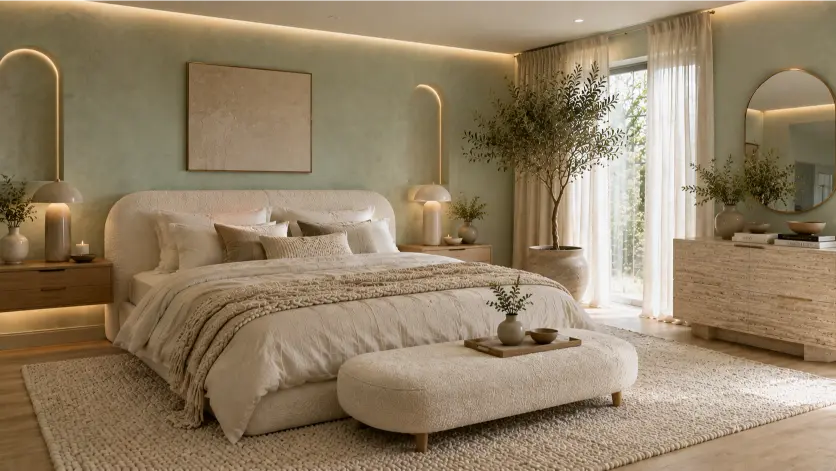 Designer Mint Green Bedroom With Layered Neutral Textures
