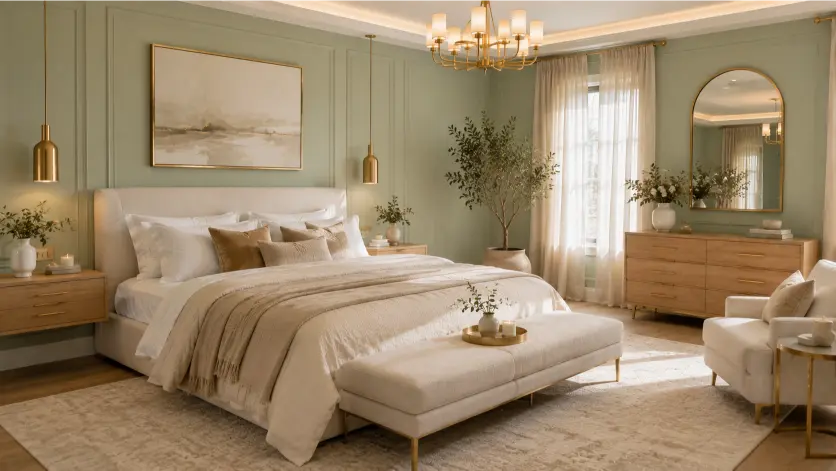 Elegant Mint Green Bedroom With Brass Accents