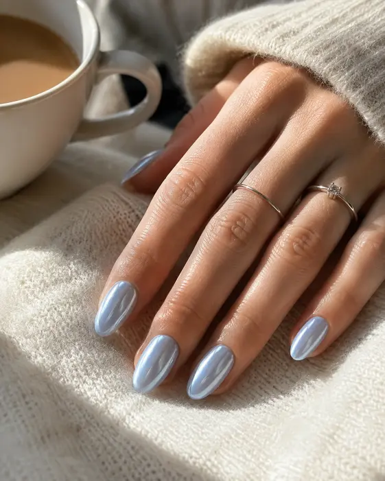 Icy Blue Glazed Chrome Nails