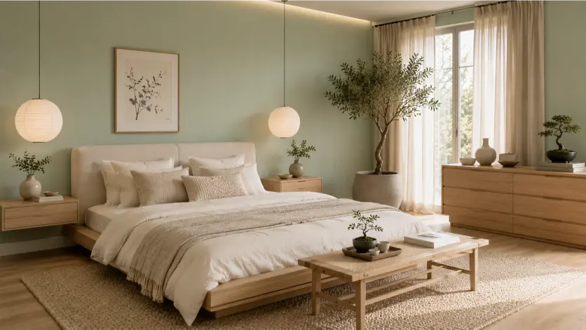 Japandi Mint Green Bedroom With Light Oak Simplicity