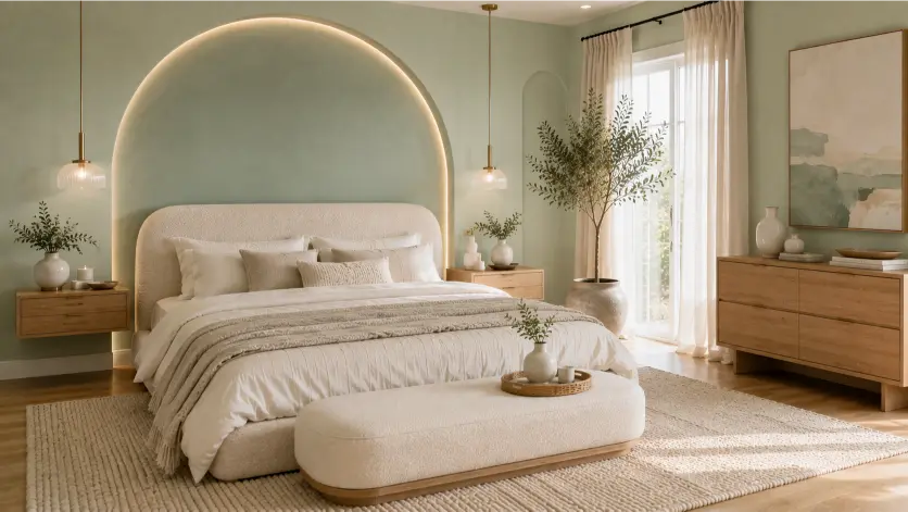 Luxury Mint Green Bedroom With Arched Feature Wall