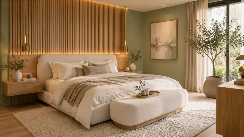 2. Luxury Mint Green Bedroom With Vertical Oak Slat Feature Wall
