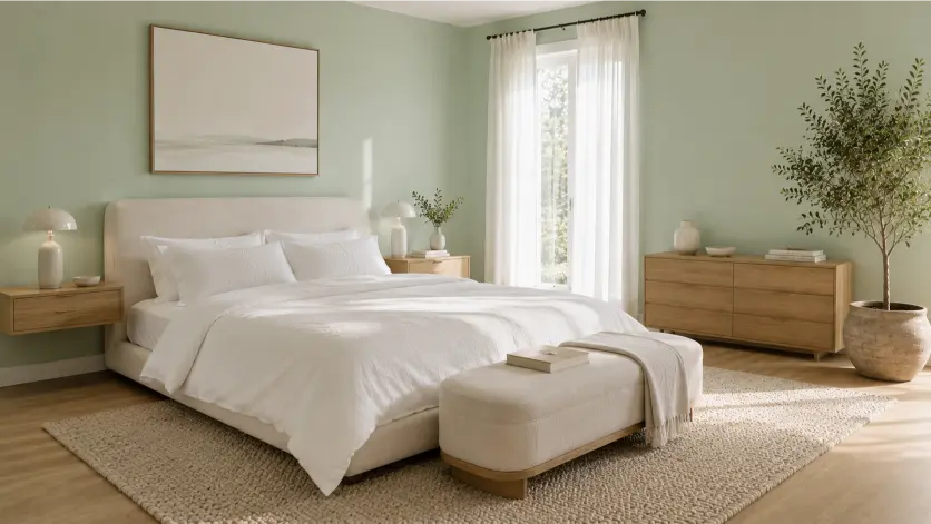 Minimalist Mint Green Bedroom With Crisp White Bedding