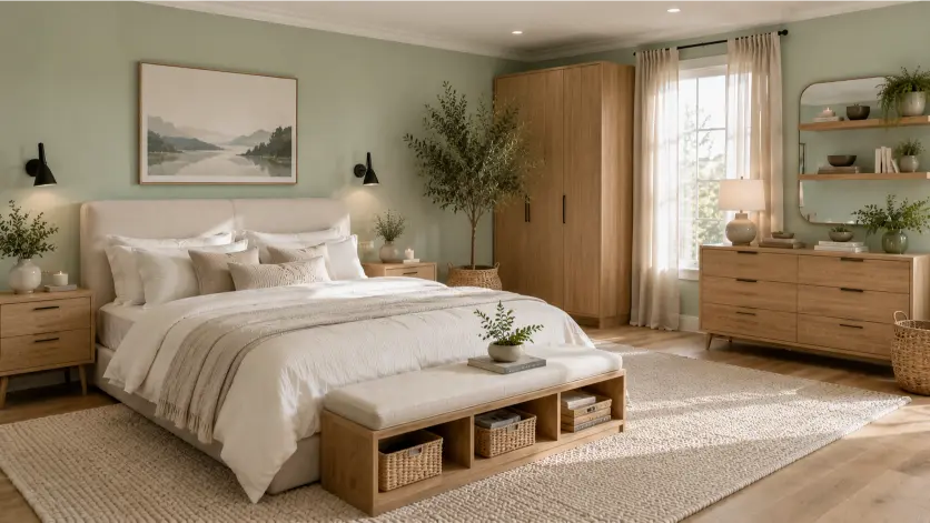 Modern Mint Green Bedroom With Natural Oak Furniture