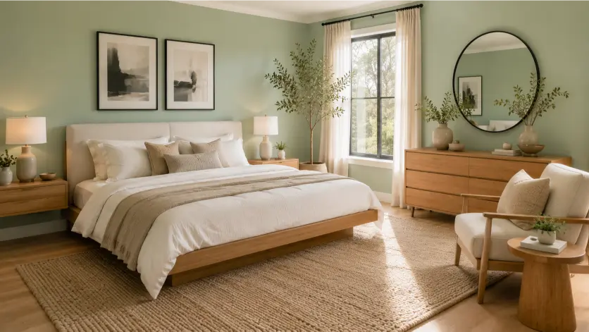 Modern Mint Green Bedroom With White and Oak Contrast