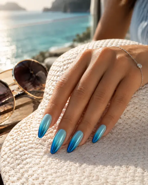 Ocean Blue Chrome Ombre Nails