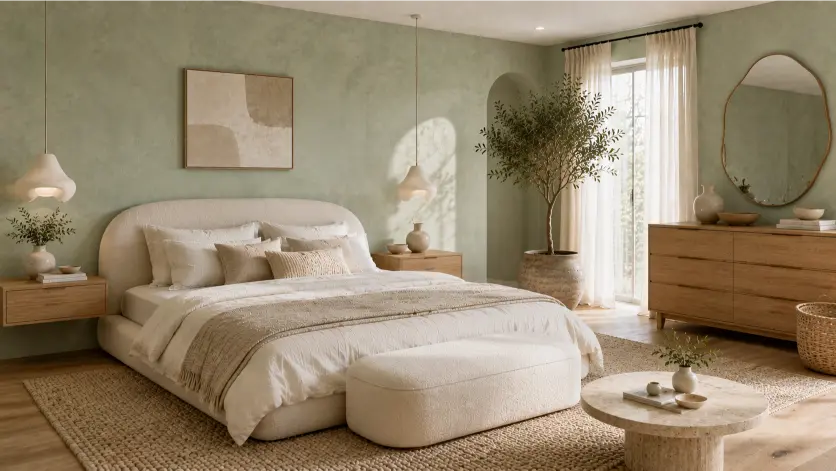 Organic Modern Mint Green Bedroom With Limewash Walls