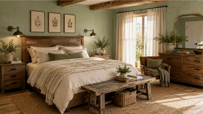 Rustic Mint Green Bedroom With Reclaimed Wood Details