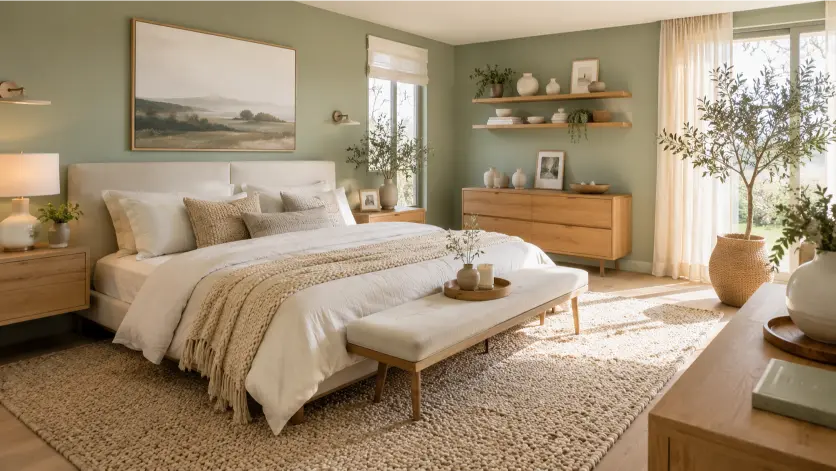 Scandinavian Mint Green Bedroom With Natural Oak Furniture