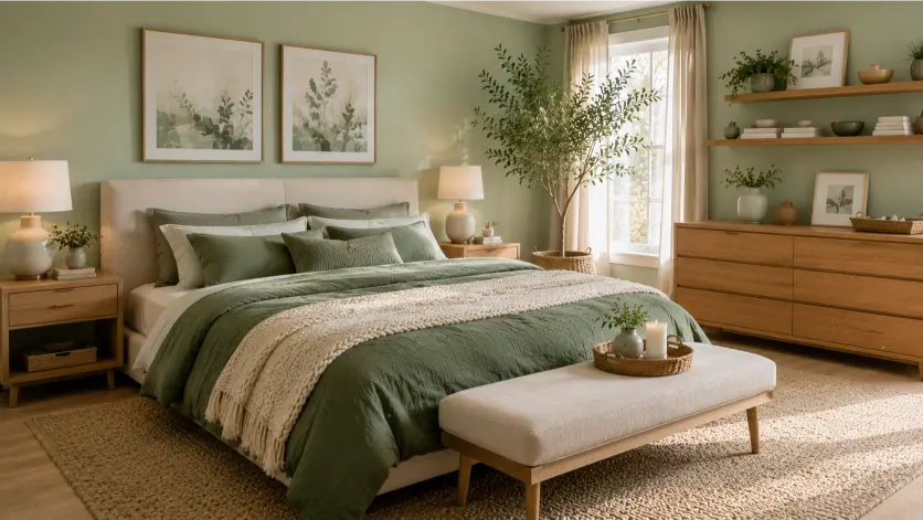 Soft Mint Green Bedroom With Deep Green Layered Bedding