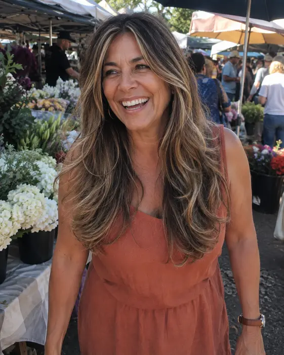 Warm Bronde Layers with Face-Framing Ribbons