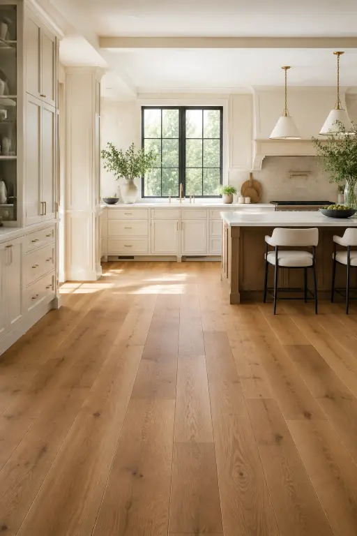 Warm White Cabinets With Oak Flooring