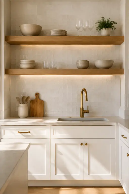 White Kitchen With Oak Open Shelving