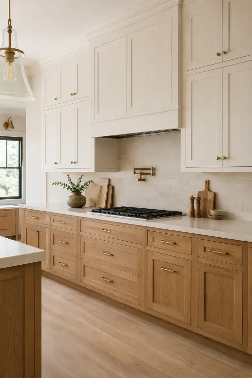 White Kitchen With Wood Lower Cabinets