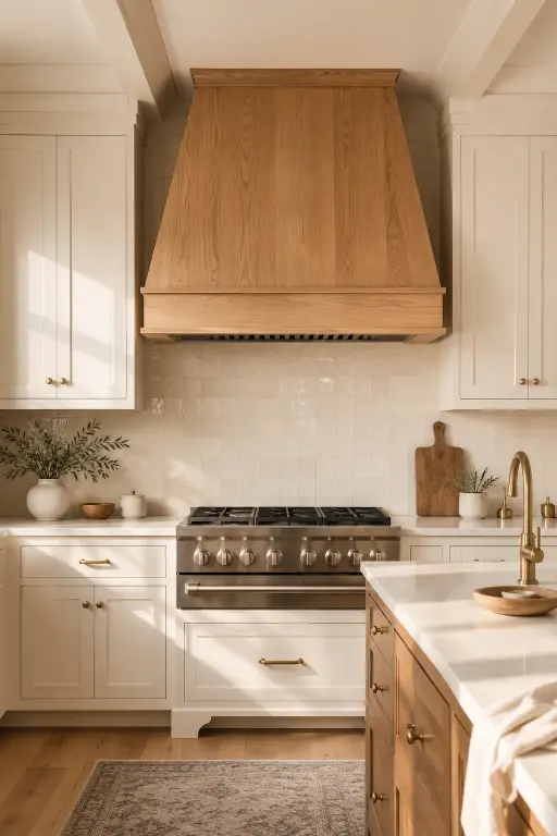 White Kitchen With Wood Range Hood