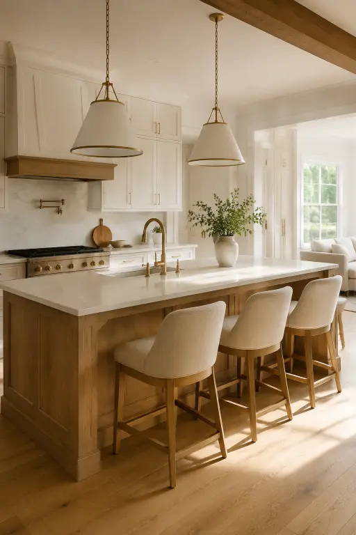 White Kitchen With a Natural Oak Island