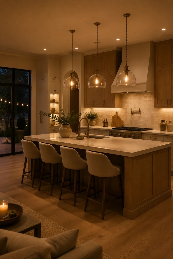 Warm Modern Kitchen Ideas with natural oak cabinets and cream kitchen island