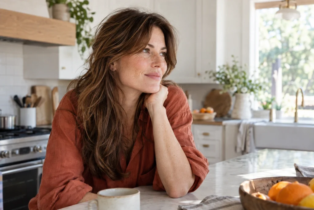 Long layered hairstyle with airy curtain bangs on woman over 40
