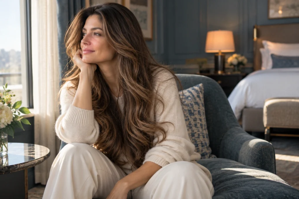 Beige brunette long waves for women over 40