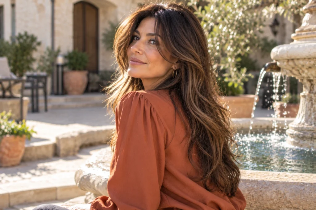 Long brunette layers with soft caramel ribbons
