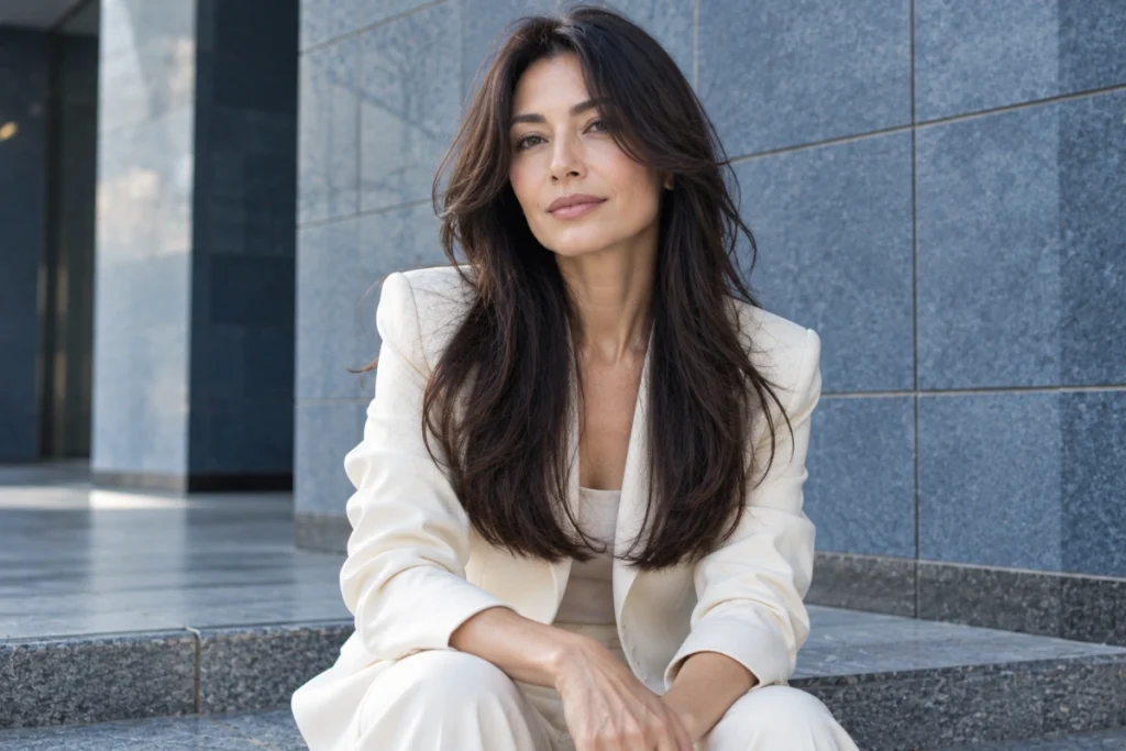 Center-parted long layered hair with cheekbone framing