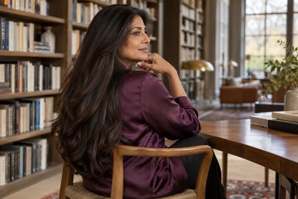Thick long brunette hair shaped with invisible internal layers