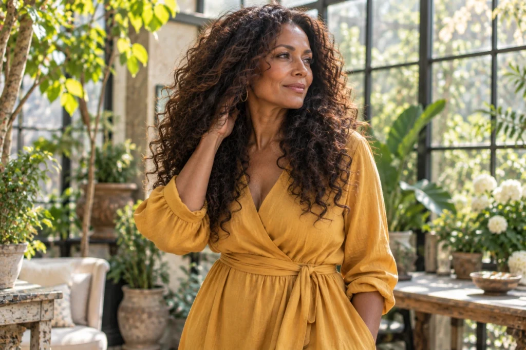 Woman over 40 with long naturally curly shaped hair