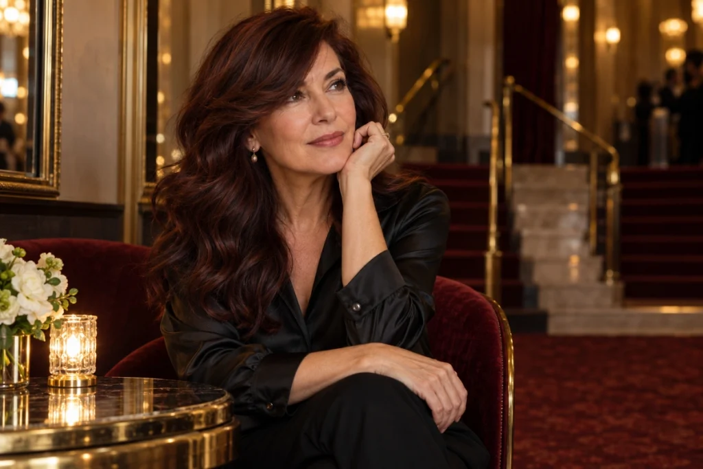 Long wavy hairstyle with side fringe for woman over 40