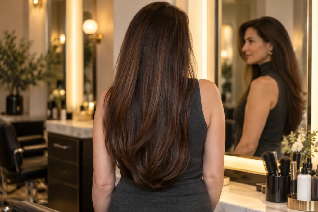 U-shaped long brunette haircut photographed from behind