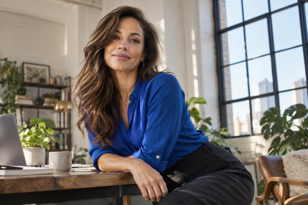 Side-swept long layers creating volume around the face