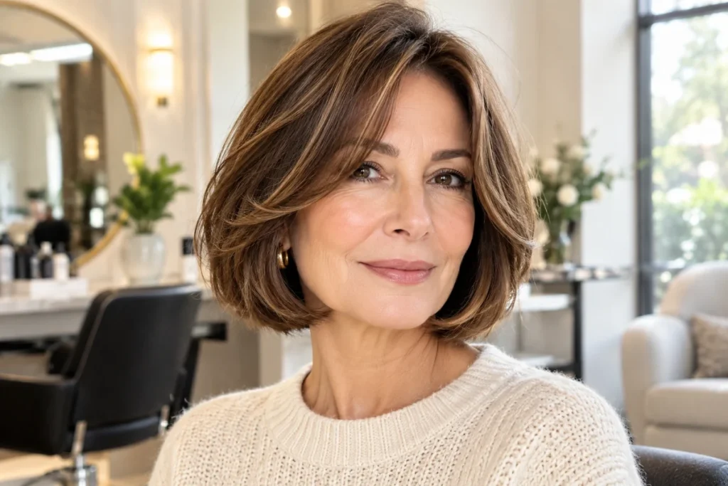 Soft chin-length layered bob hairstyle for a woman over 50.