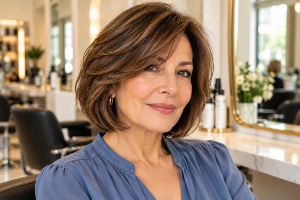 Layered bob haircut with soft side-swept bangs for a woman over 50.
