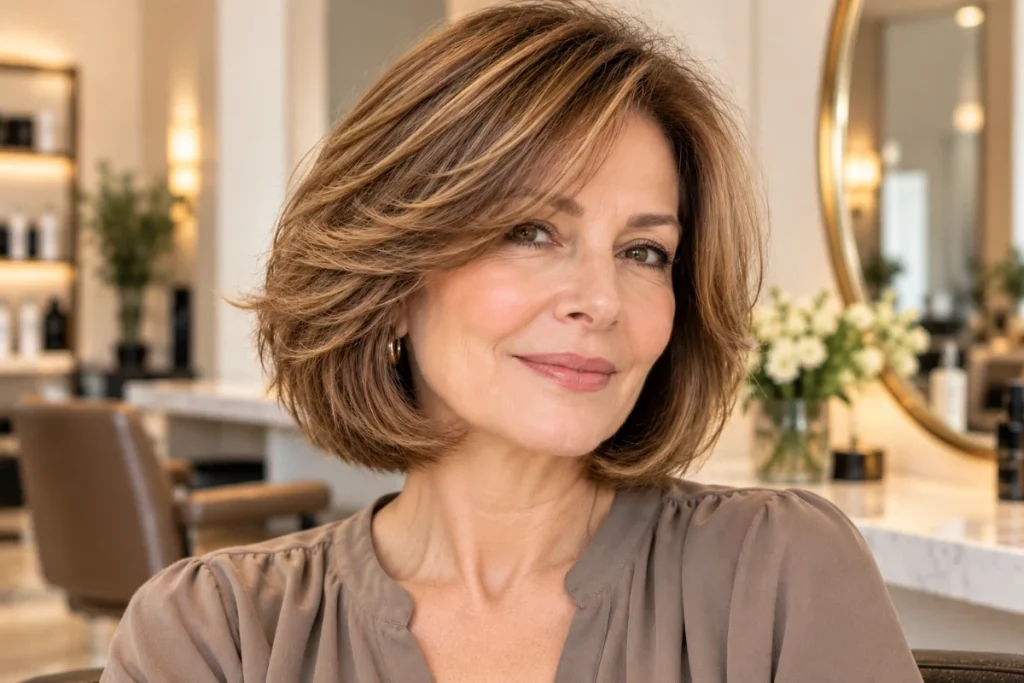 Feathered layered bob with airy ends and natural movement for a woman over 50.