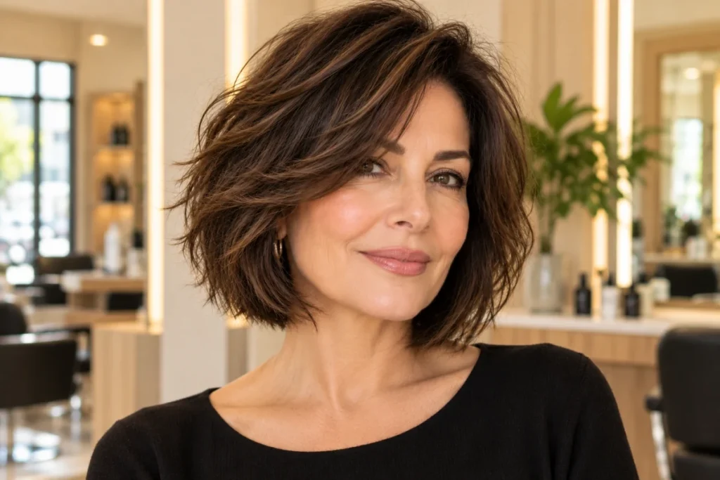 Modern textured layered bob with a softly tousled finish for a woman over 50