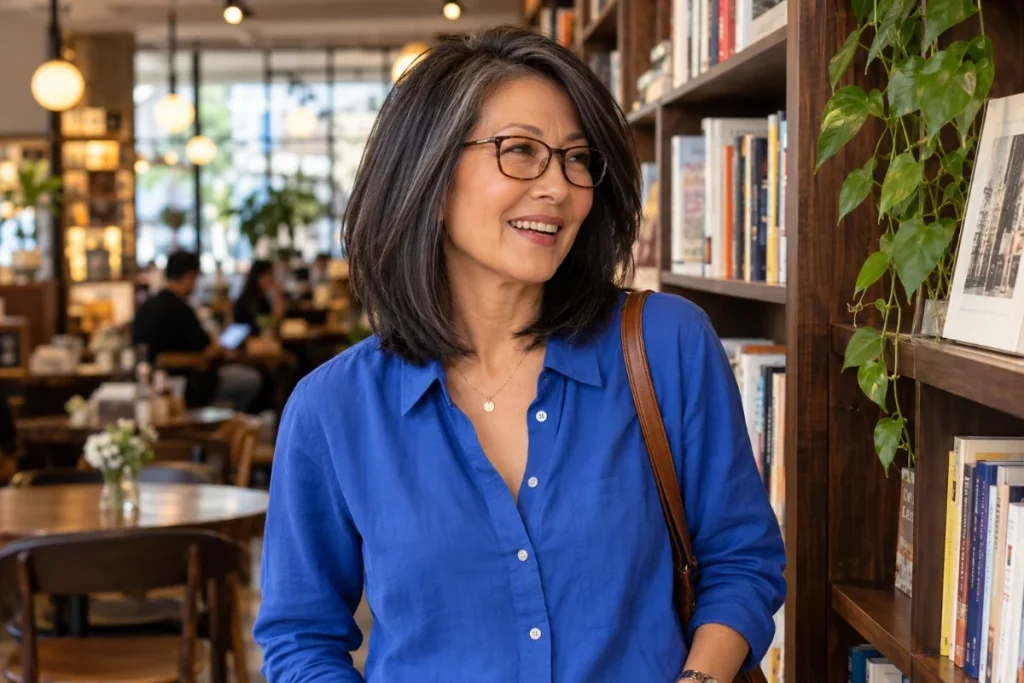 Collarbone-length layered bob hairstyle with soft movement for a woman over 50.
