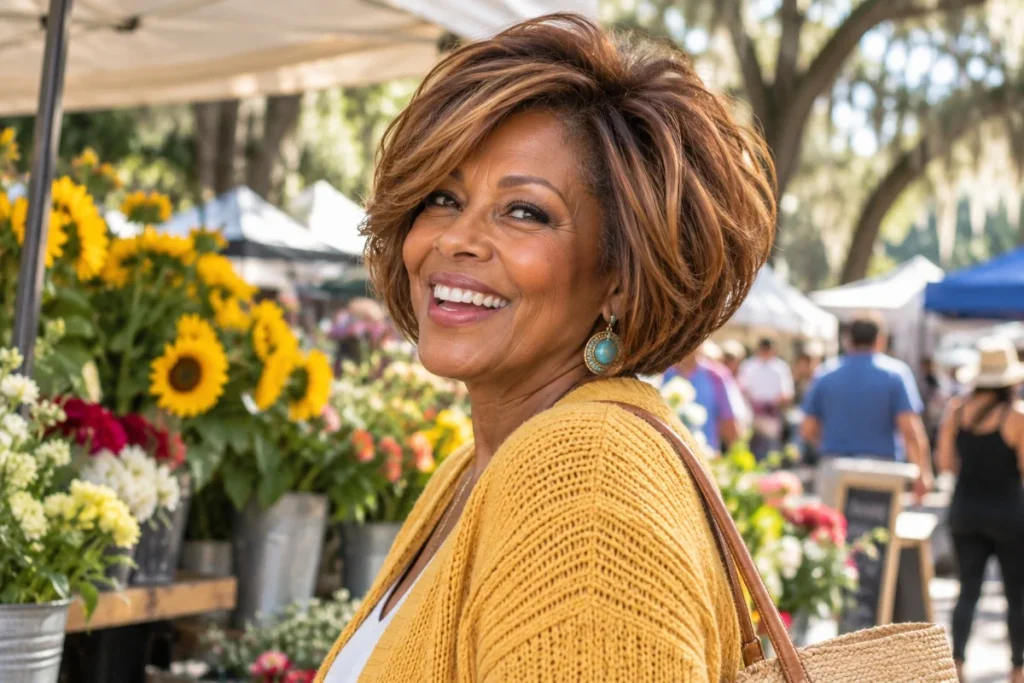 Voluminous rounded layered bob with a softly lifted crown for a woman over 50.