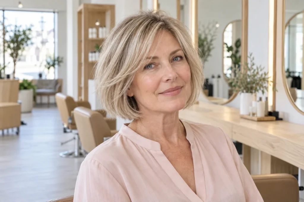 Softly layered bob haircut designed to give fine hair a fuller appearance on a woman over 50.