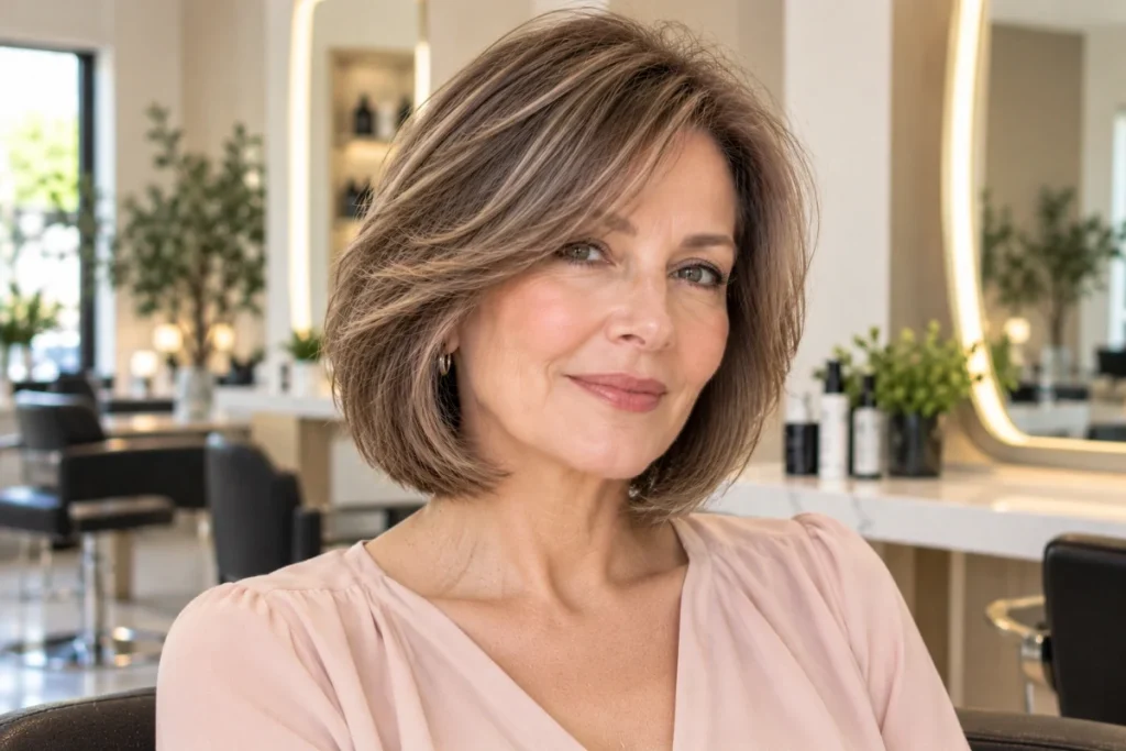 Wavy layered bob hairstyle with soft natural waves for a woman over 50.