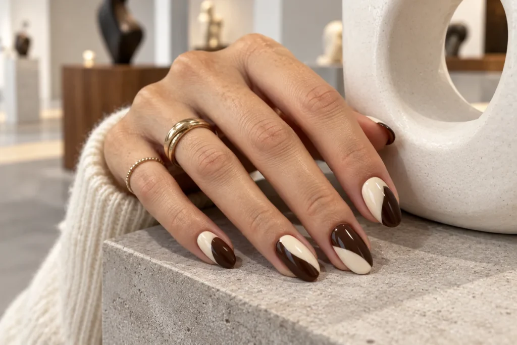 Espresso and Cream Color-Block Nails