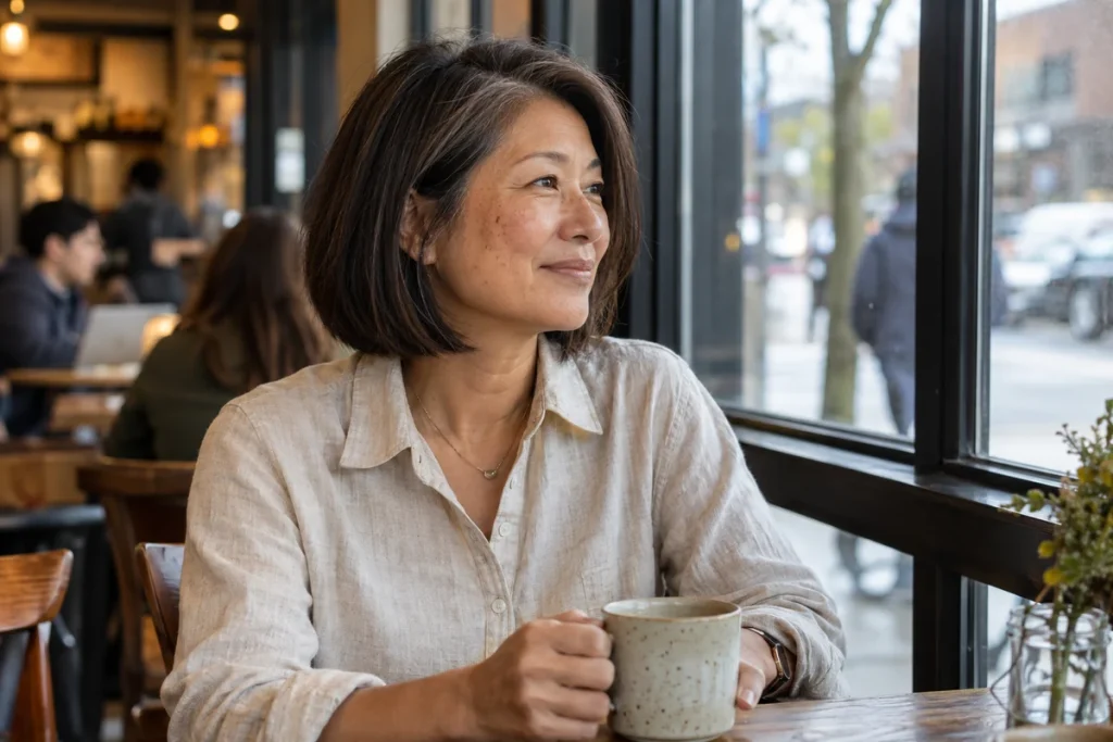 Sleek layered bob with smooth natural hair and subtle layers on a mature woman.