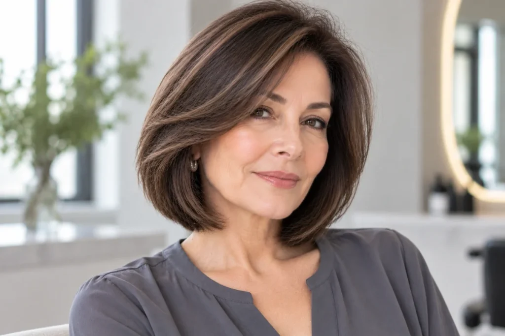 Layered bob with soft face-framing pieces around the cheekbones on a woman over 50.