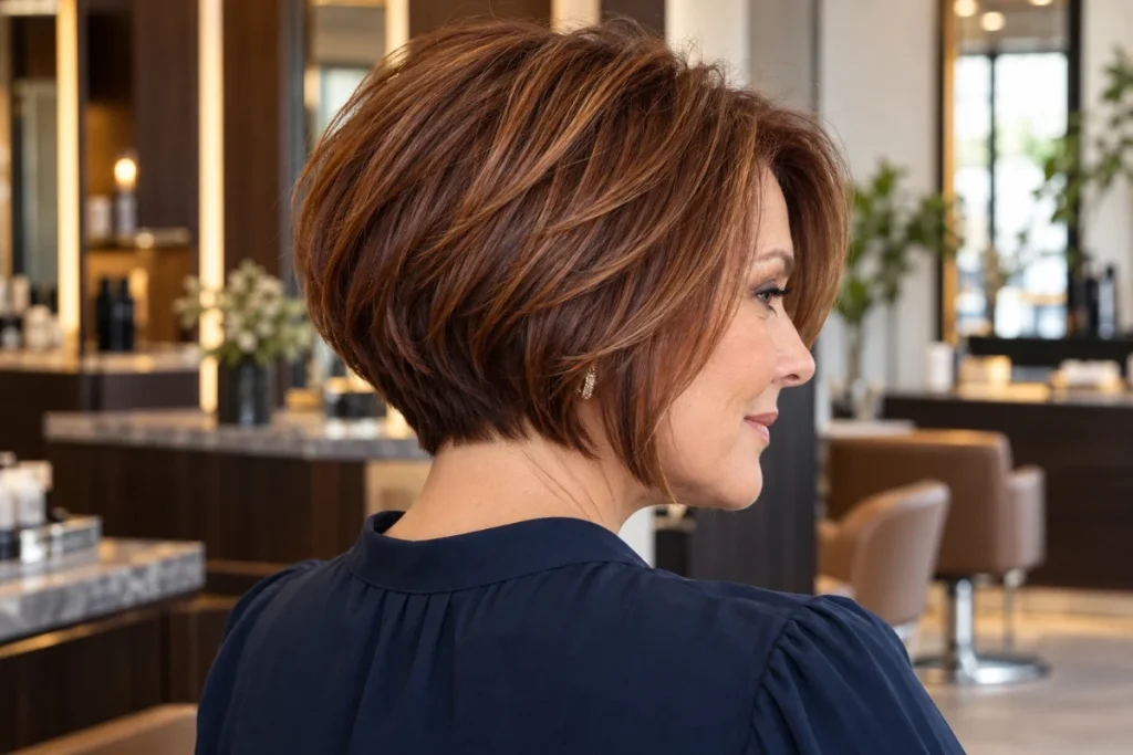 Stacked layered bob haircut showing shorter back layers and a softly rounded shape for a woman over 50.