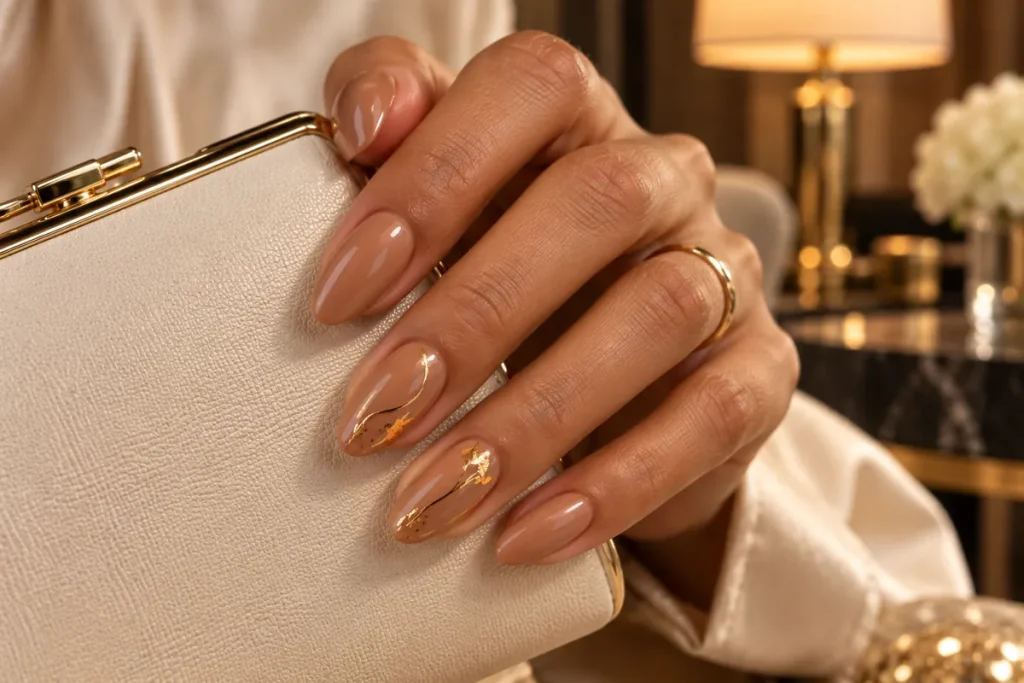 Caramel Nude Nails With Gold Accents