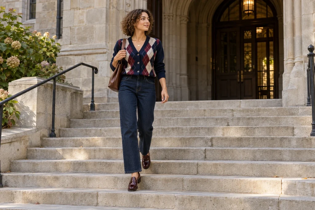 Argyle Cardigan With Straight-Leg Denim