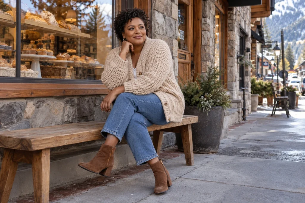 Beige Chunky Cardigan With Mom Jeans