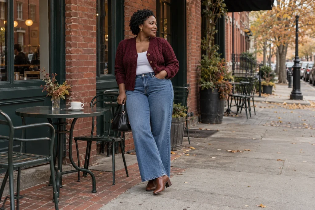 Burgundy Cable-Knit Cardigan With Blue Jeans