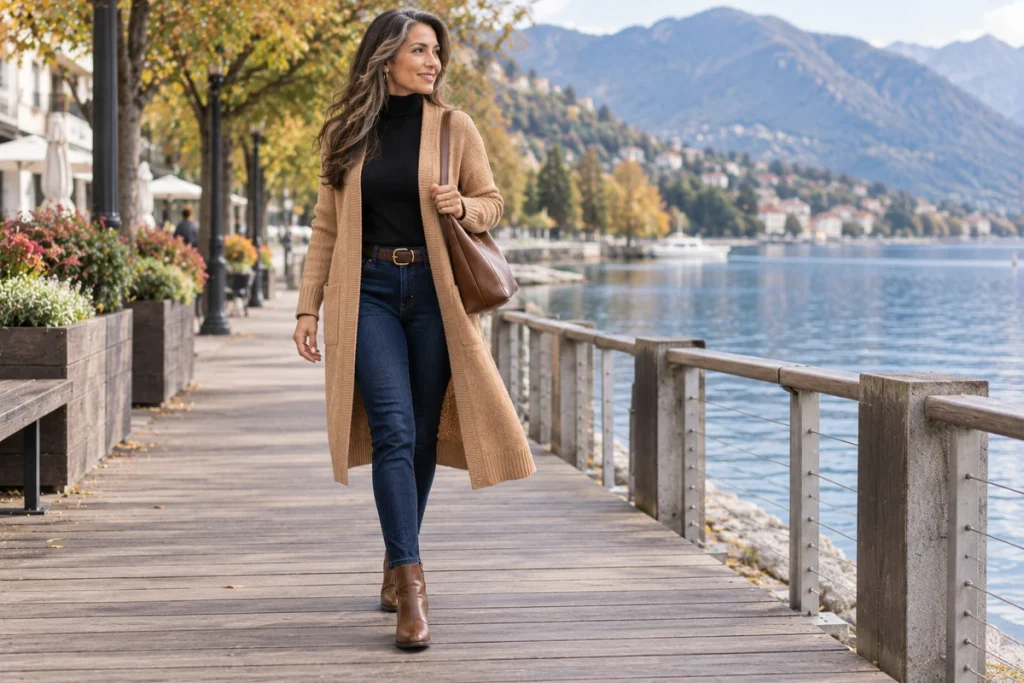 Camel Long Cardigan With Slim Jeans