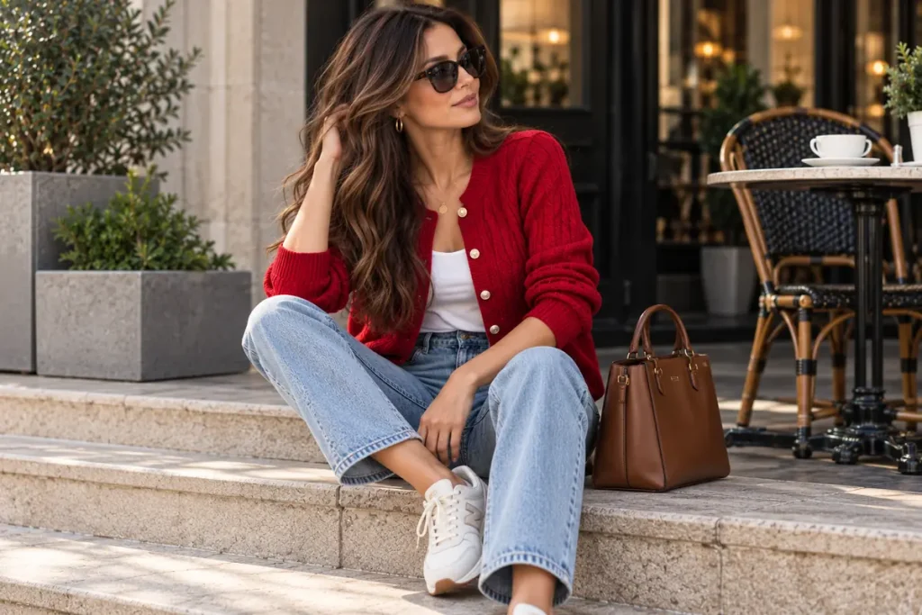 cherry-red-cardigan-light-wash-jeans.webp