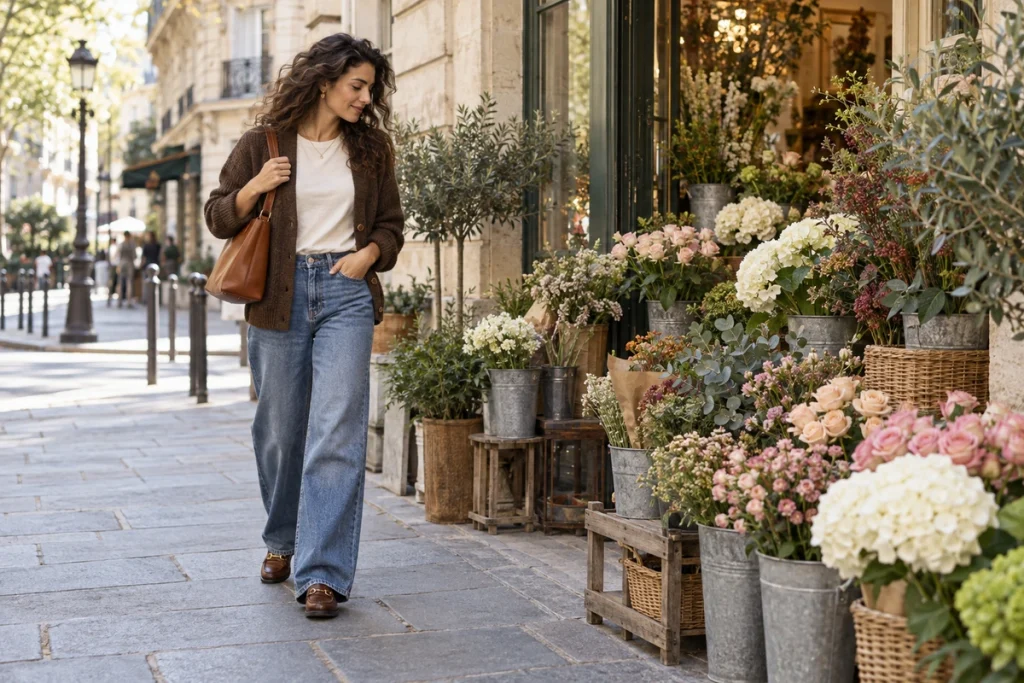 chocolate-brown-cardigan-wide-leg-jeans